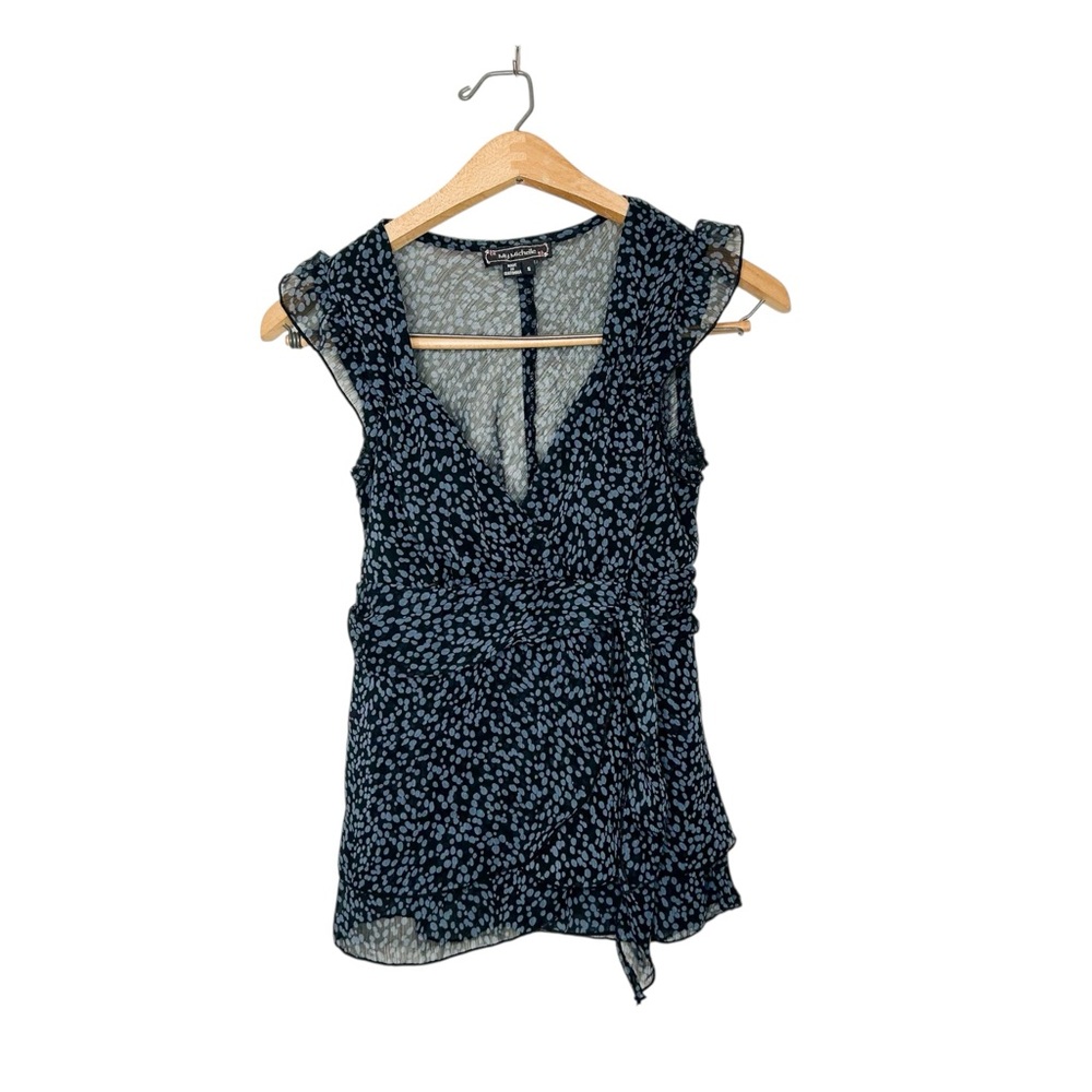 Vintage Y2K My Michelle Semi Sheer Blue Black Polka Dot Tie Detail Blouse Small‎